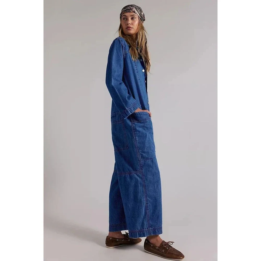 Free People We The Free Margarita Jumpsuit Utility Rigid Denim Wide Leg S 288857